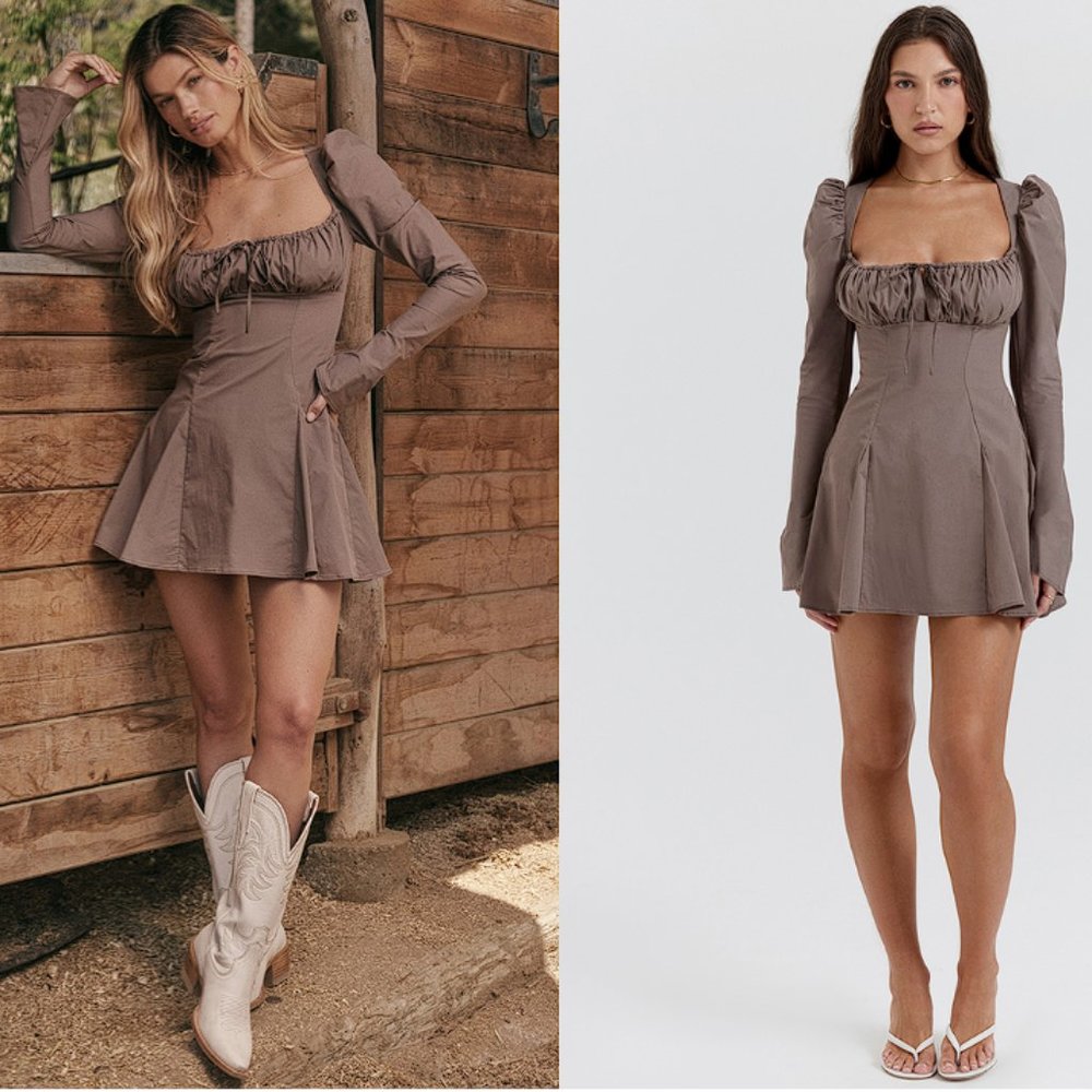 HOUSE OF CB 'Carlina' Mocha Long Sleeve Mini Dress NWOT